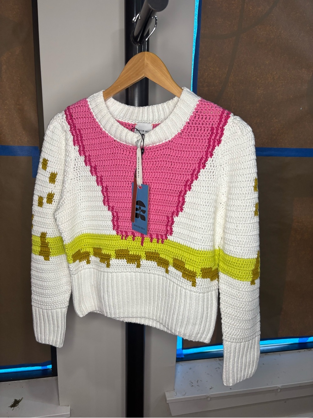 HUNTER BELL White Crochet Sweater with Pink and Lime Accents